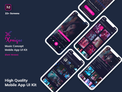 Xonique-Music移动应用UI Kit黑暗版(XD)  Xonique-音乐移动应用程序UI套件黑暗版本(XD)