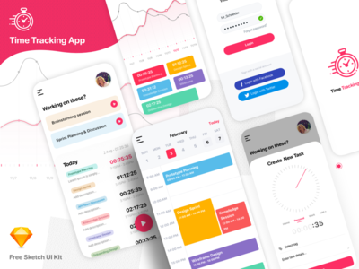 时间跟踪应用程序 - 免费草图UI套件  时间跟踪App-Free Sketch UI套件