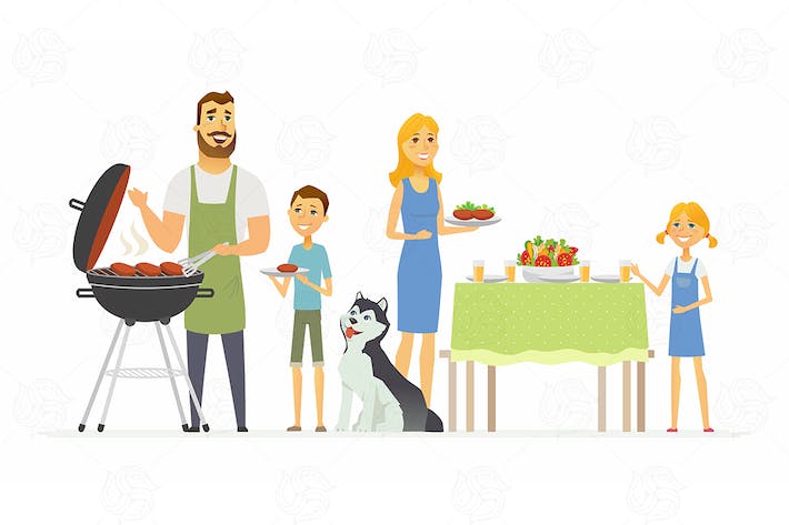 烧烤中的快乐家庭 - 向量插图