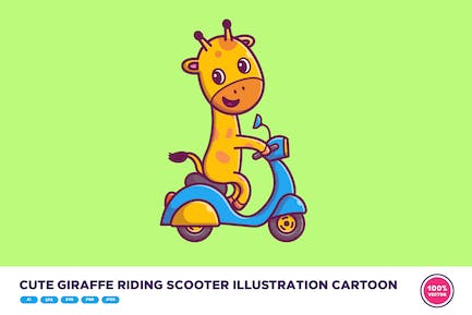 可爱的长颈鹿骑着滑板车卡通插图