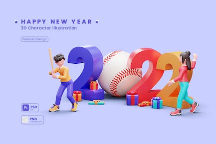 三维人物插图2022年新年快乐