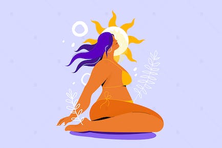 晒太阳的女孩 - 扁平设计风格的插图