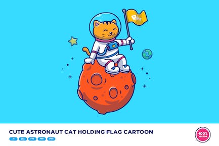 可爱的宇航员猫拿着国旗卡通