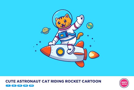 可爱的宇航员猫骑着火箭卡通画
